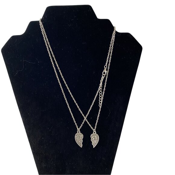 Best Friends Broken Heart Pendant Necklace Pair Silver Tone Chain - Picture 2 of 6